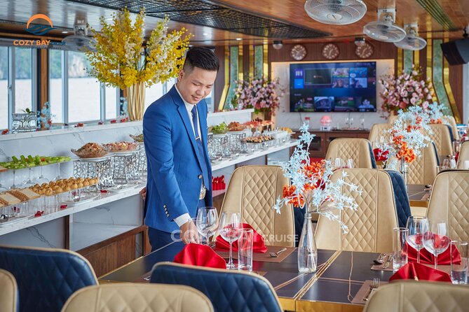 Cozy Bay Halong 5-Star Day Cruise, Buffet, Cave, Kayak, Swimming - Lunch buffet and the onboard sunset party: what you’ll eat and when