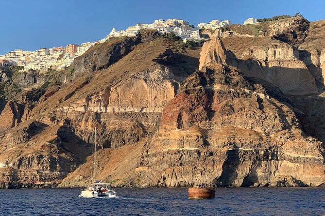Private Luxury Santorini Catamaran Cruise with Port Pickup - Palea Kameni: warm springs in an active volcanic zone