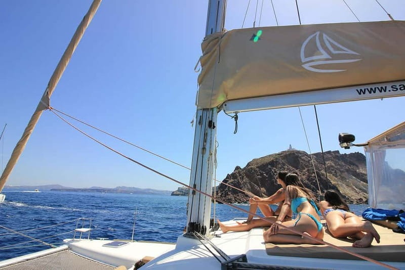 Santorini: Luxury Catamaran Cruise with Lunch, BBQ & Drinks - Palea Kameni hot springs: the soak-style swim, with one big reality check
